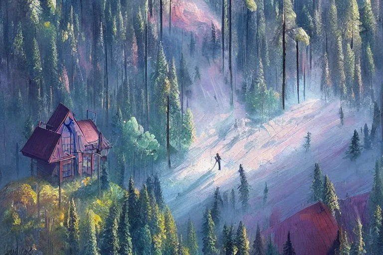 Prompt: beautiful swedish forest from the view of a mountain, soft colors, by simon stålenhag, by Greg Rutkowski, by James Gurney, by Afremov