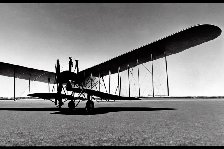 Image similar to still photo of the wright brothers taking off an airplane for the first time, black and white color photograph, highly detailed, photorealistic shot, bright studio setting, studio lighting, crisp quality and light reflections, unreal engine 5 quality render