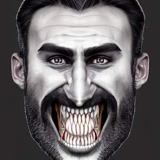 Prompt: x-ray scan of Beautiful face of very manly Gigachad with very big jaws, big eyebrows, smile like trollface jaw strongly tilted on one side, painting on grey scale face, powerful , magic, thunders, dramatic lighting, intricate, wild, highly detailed, digital painting, artstation, concept art, smooth, sharp focus, illustration, art by artgerm and greg rutkowski and alphonse mucha, footage