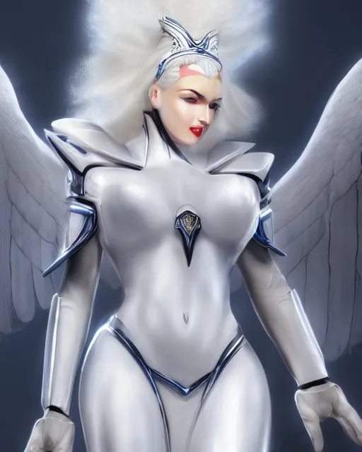 Image similar to perfect white haired attractive egyptian goddess with huge white dove wings, warframe armor, beautiful, symmetric, marilyn monroe, half asian, pretty face, blue eyes, detailed, scifi platform, laboratory, experiment, 4 k, ultra realistic, epic lighting, android body, illuminated, cinematic, masterpiece, art by akihito tsukushi, voidstar