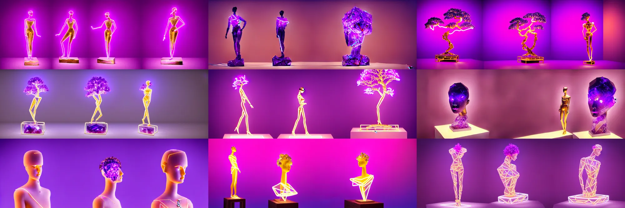 Prompt: beautiful mannequin sculpted out of amethyst by billelis + lit with geometric neon + kintsugi, facing a doorway opening with neon pink geometric fractal light + gold geometric cubed bonsai trees + lighting in background!!, clean linework, dramatic, finely detailed, award winning, 4 k, trending on artstation, photorealistic, volumetric lighting, octane render