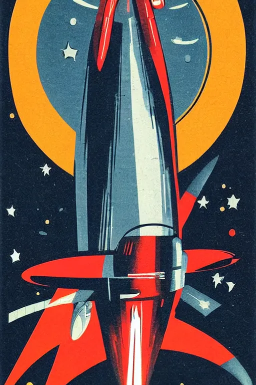 Prompt: poster of rocket flying through space, 1 9 5 0 s style, futuristic design, dark, symmetrical, washed out color, centered, art deco, 1 9 5 0's futuristic, glowing highlights, intense