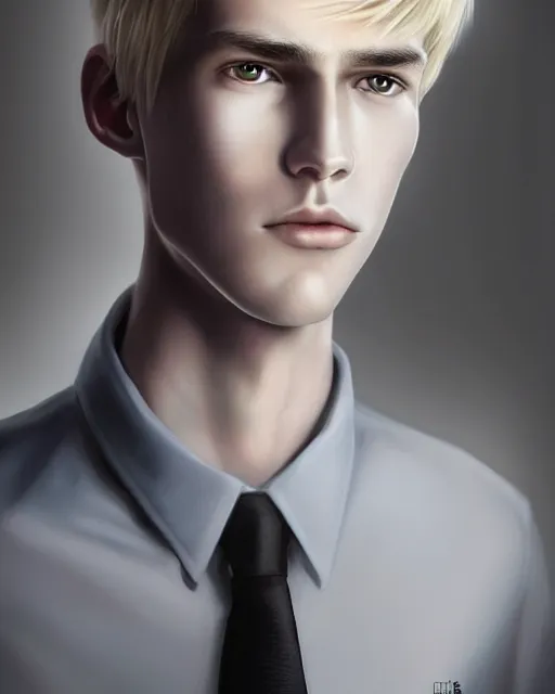 Image similar to portrait of 1 5 - year - old boy, a tall, slender boy with a pale, pointed face, sleek blond hair, and ice grey eyes, wearing in shirt, hyper realistic face, beautiful eyes, character art, art by mark brooks, hyperdetailed, cryengine, trending on artstation, digital art