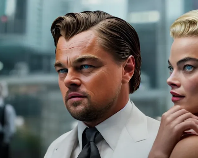 Prompt: leonardo dicaprio as the wolf of wall street next to margot robbie as naomi from the wolf of wall street, hyper realistic faces, beautiful eyes, cinematic, long shot, hyper detailed, 8 5 mm photograph, 8 k resolution, film still, sharp lens, wide lens