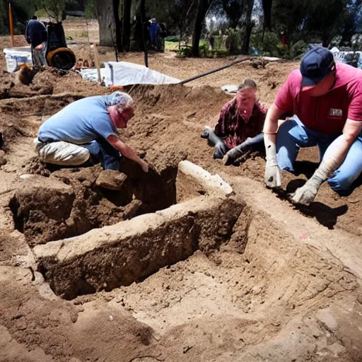 Image similar to photo of archaeologists unearthing a gold statue of danny devito