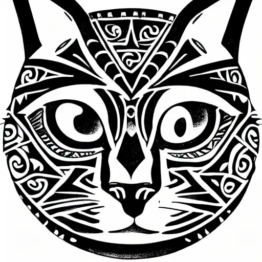 Prompt: tattoo sketch of a cat with one eye, on a paper, maori ornament, polinesian style, minimalism, line art, vector, geometric