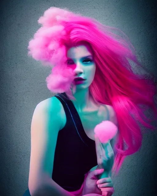 Image similar to a dramatic lighting photo of a beautiful young woman with cotton candy hair. with a little bit of cyan and pink