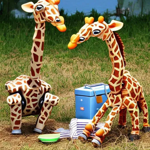 Image similar to robot - giraffes, having a picnic