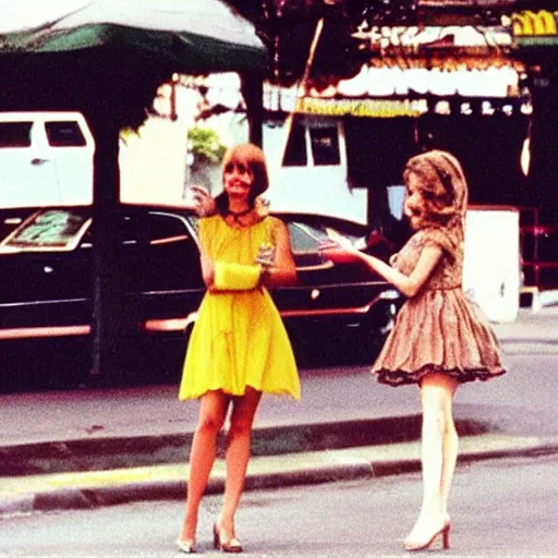 Prompt: 1976 color archival photo of a glamorous woman in a dress, and her friend, who looks like Caspar the Friendly Ghost, in a sidewalk cafe, 16mm film soft color, earth tones and soft color 1976, live-action archival footage, in style of doris wishman russ meyer, woman looks like young mia farrow