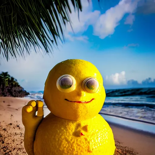 Image similar to 5 0 mm photograph, of a real anthropomorphic lemon character, with lemon skin texture, it is wearing a hat and scuba diving, building a sandcastle on the beach at sunset, beach, huge waves, sun, clouds, tropical trees, rim light, cinematic photography, professional, sand, sandcastle, volumetric lightening