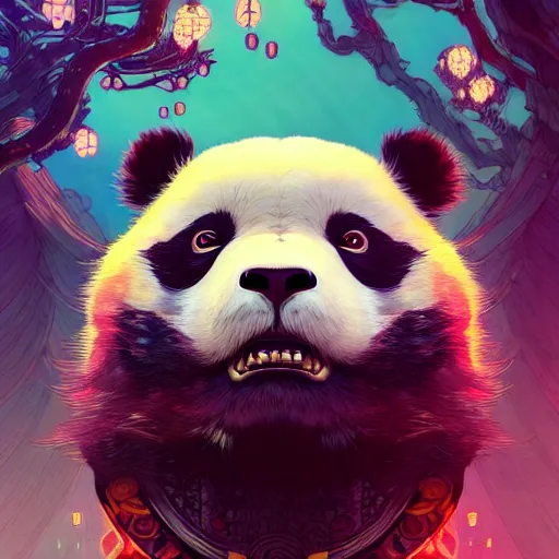 Image similar to a beautiful hyperdetailed character design 4 k wallpaper illustration of a cute panda with a chinese lion dance head victo ngai cyberpunk style, from china, style of studio ghibli, makoto shinkai, raphael lacoste, louis comfort tiffany, artgerm, james jean, ross tran, chinese style