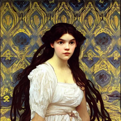 Image similar to a realistic face portrait of a teenage girl who looks lie Uma Thurmond and Anya Taylor Joy with an anxious expression and parted lips, wearing a nightgown, by Frederic Leighton, Alphonse Mucha, Edward Burne Jones