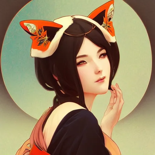 Image similar to A beautiful woman with fox ears who wears kimono, highly detailed, digital painting, artstation, concept art, smooth, sharp focus, illustration, art by artgerm and alphonse mucha, high definition digital art, in the style of Ross tran and ilya kuvshinov