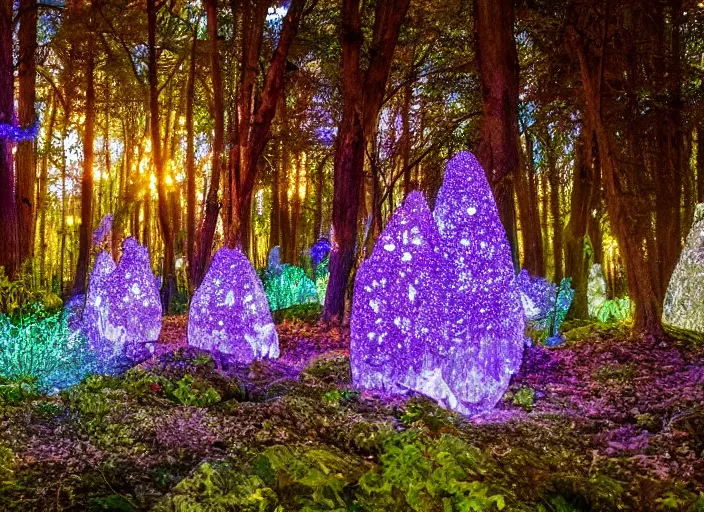 Image similar to a magical forest with crystal flowers that glow in the dusk,