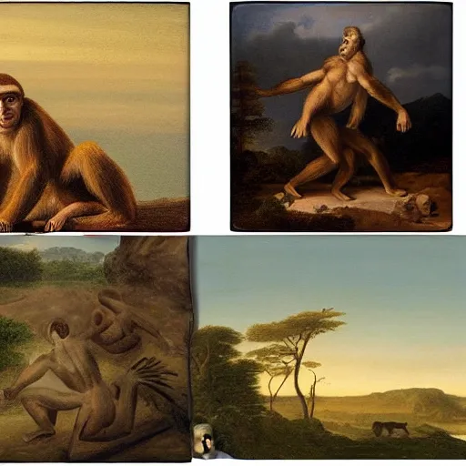 Image similar to evolution from monkey to man, 4 pictures, in the style of the Hudson River School