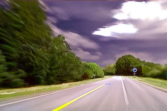 Image similar to dash cam footage of a car floating a giant mouth in the sky