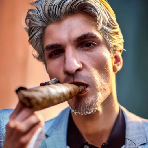 Image similar to a closeup photo of handsome gigachad xqc smoking a cigar