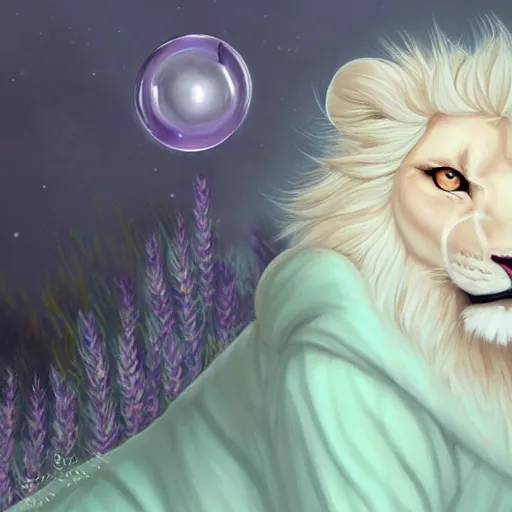 Image similar to aesthetic portrait commission of a albino male furry anthro lion under a heavenly lavender bubble filled place while wearing a cute mint colored cozy soft pastel winter outfit, winter atmosphere. character design by charlie bowater, ross tran, artgerm, and makoto shinkai, detailed, inked, western comic book art, 2 0 2 1 award winning painting