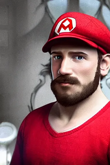 Image similar to “ very very intricate photorealistic photo of a realistic human version of super mario wearing his red cap in an episode of game of thrones, photo is in focus with detailed atmospheric lighting, award - winning details ”