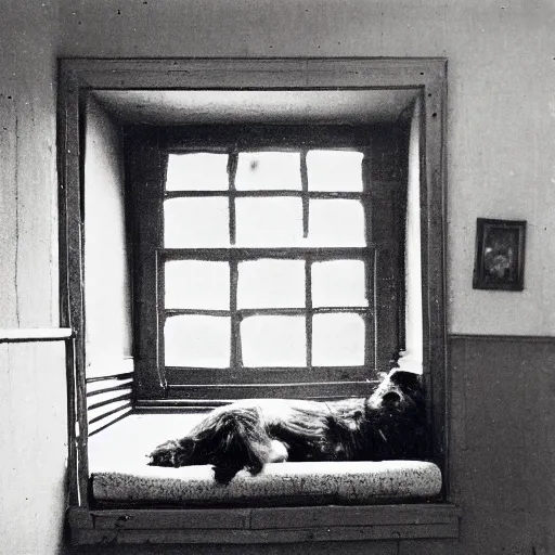 Image similar to a photograph of an old yorkish terrier sleeping on a couch below a window