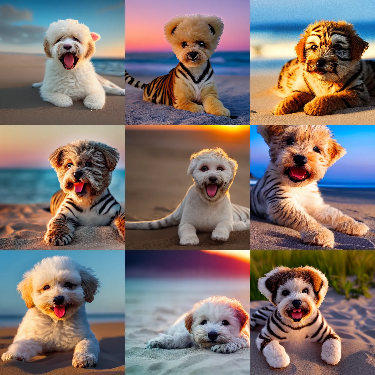 Prompt: a closeup photorealistic photograph of a cute smiling tiger bichon pup laying out at the beach during sunset. professional capture, well lit shot. this 4 k hd image is trending on artstation, featured on behance, well - rendered, extra crisp, features intricate detail, epic composition and the style of unreal engine.