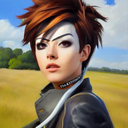 Image similar to oil painting of tracer overwatch in a field, in style of mark arian, expressive face, very detailed face, wearing large steel choker, very detailed eyes, full body, feminine face, detailed makeup on eyes,