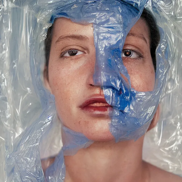 Prompt: closeup portrait of a woman wrapped in blue cellophane, standing in an overgrown greenhouse, color photograph, by jenny saville, canon eos c 3 0 0, ƒ 1. 8, 3 5 mm, 8 k, medium - format print