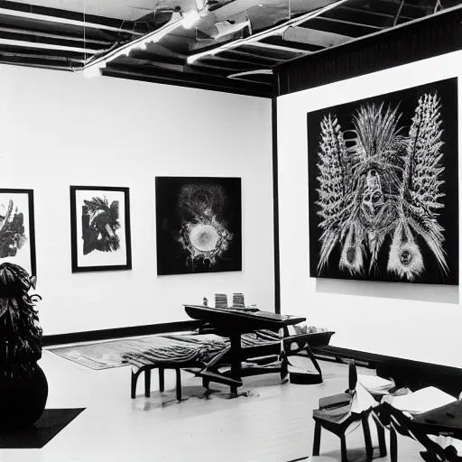 Image similar to A black and white photography printed in offset lithography of an exhibition space with works of Sun Ra, Marcel Duchamp and tropical plants, 60s, Modern Art