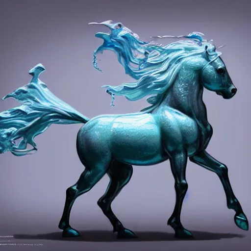 Image similar to a fantastical transparent small turquoise spirit horse made of water and foam and algae and ice, splashing water, wave, translucent, ethereal, noble, radiant, hyperalism, scottish folklore, digital painting, artstation, concept art, smooth, 8 k frostbite 3 engine, ultra detailed, art by artgerm and greg rutkowski and magali villeneuve