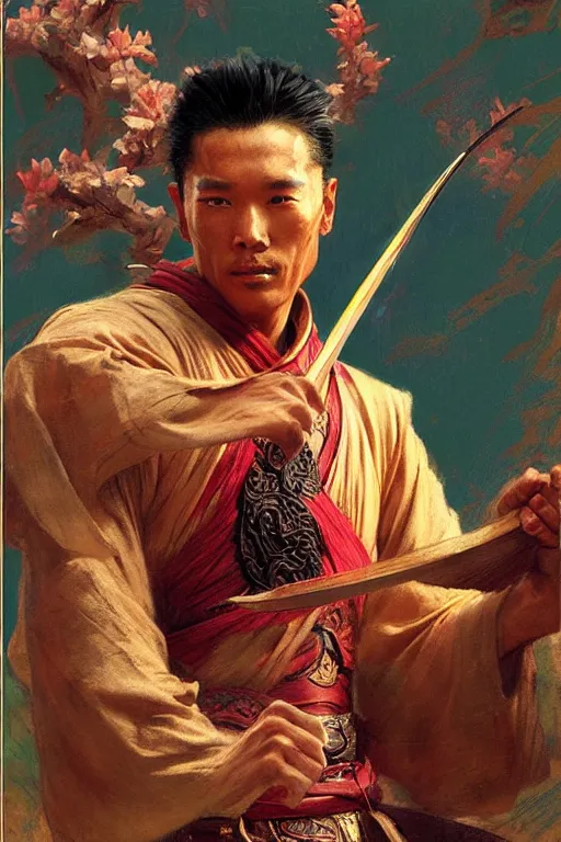 Image similar to wuxia, male, character design, ancient china, colorful, painting by gaston bussiere, craig mullins, j. c. leyendecker, tom of finland