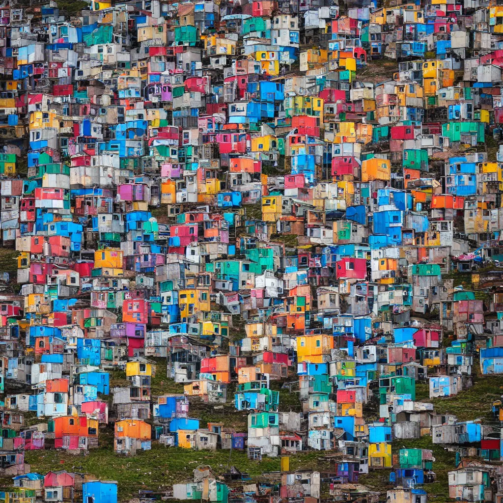 Prompt: a tower made up of colourful makeshift squatter shacks, dystopia, sony a 7 r 3, f 1 1, fully frontal view, photographed by jeanette hagglund, ultra detailed,