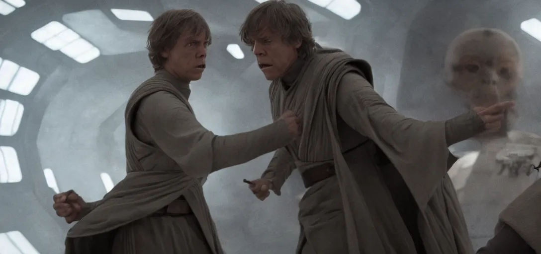 Prompt: Star Wars, HD, Luke Skywalker fights supreme leader Snoke inside imperial facility, realistic, high detailed 4K