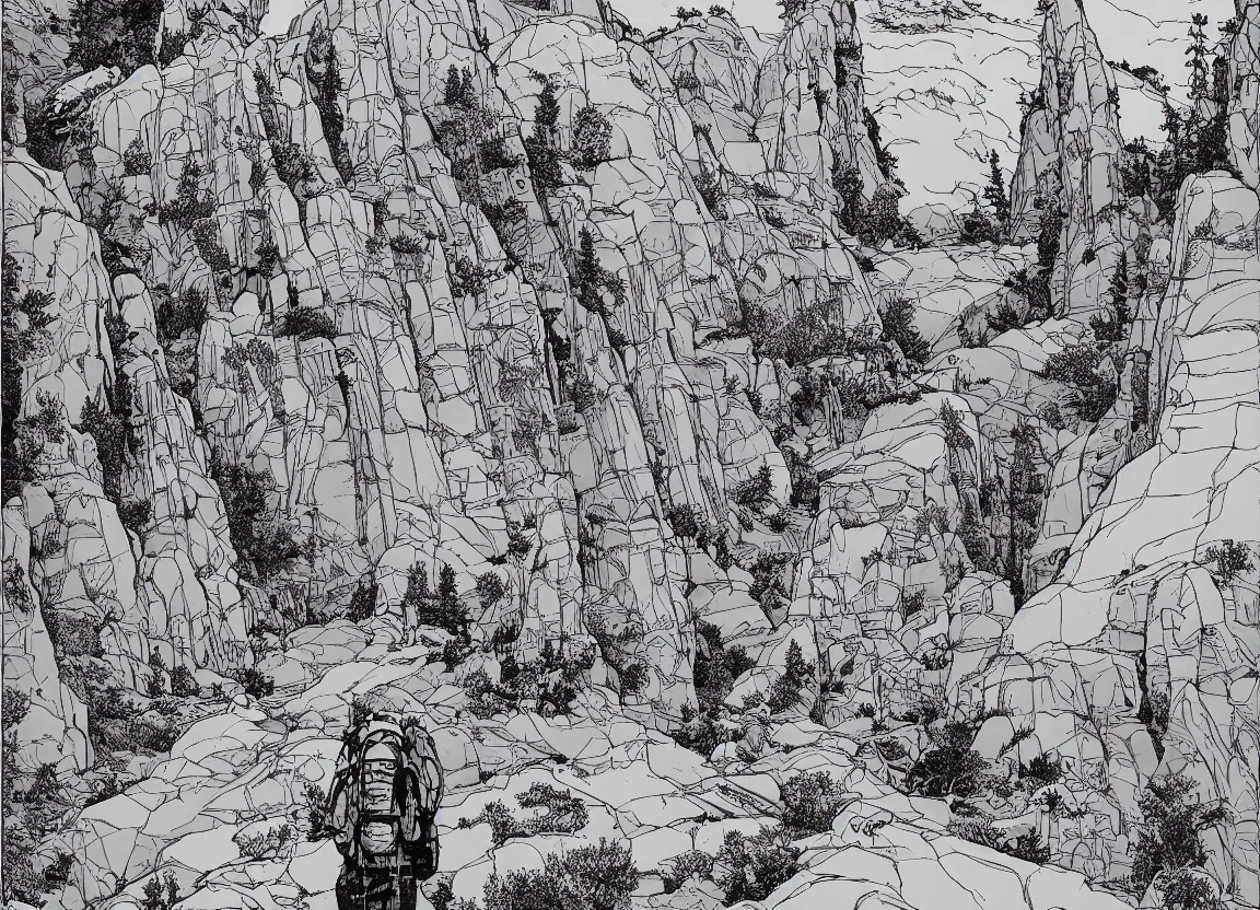 Image similar to backpacking in utah, minimalist line art by moebius, clean long lines, ultra detailed