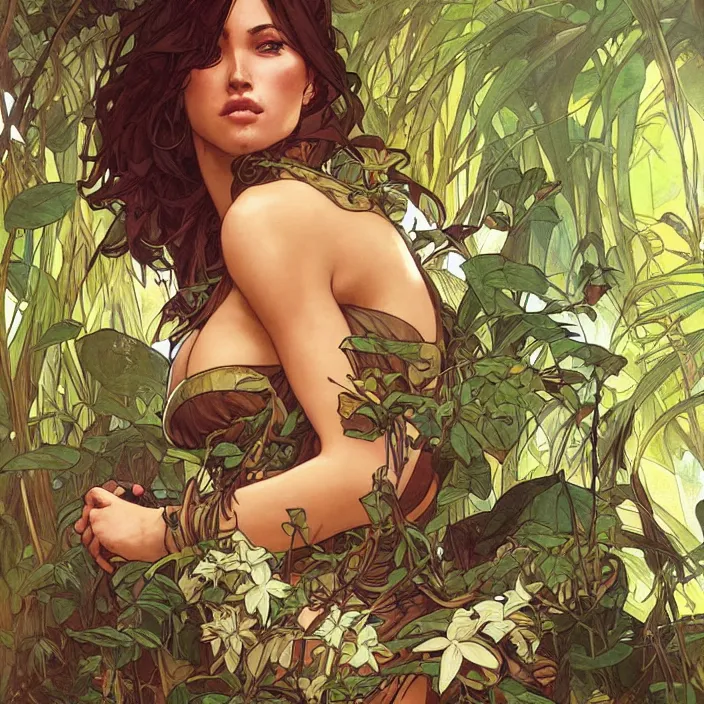 Prompt: leona in a jungle by artgerm, greg rutkowski, alphonse mucha