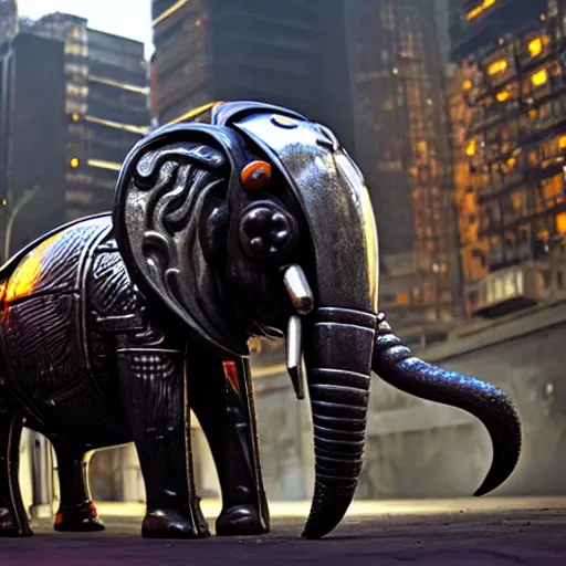 Prompt: a cyborg elephant made of metal in a large city, shiny, chrome, neon glowing eyes and tusks, cinematic lighting