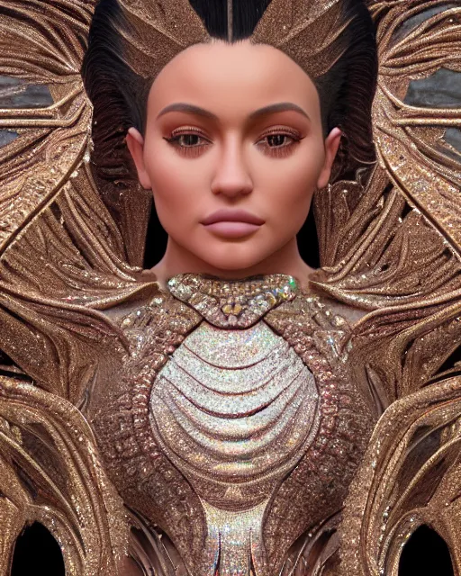 Image similar to a highly detailed metahuman 8 k close up render of kylie jenner renaissance in iris van herpen dress schiaparelli in diamonds crystals swarovski and jewelry iridescent in style of alphonse mucha gustav klimt trending on artstation made in unreal engine 4