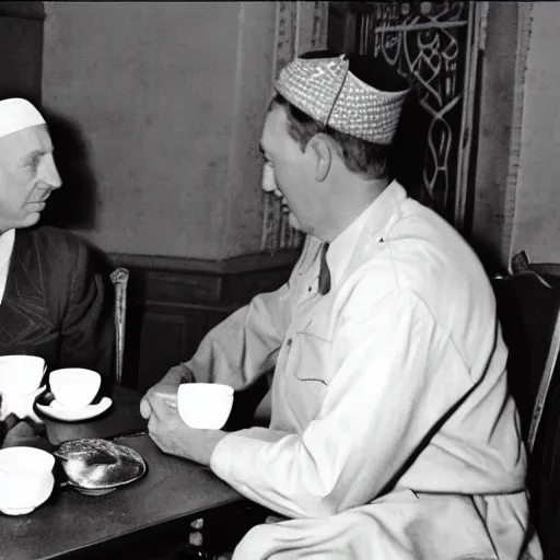 Prompt: a photo of hitler take tea with a muslim, photorealistic, realism, black and white