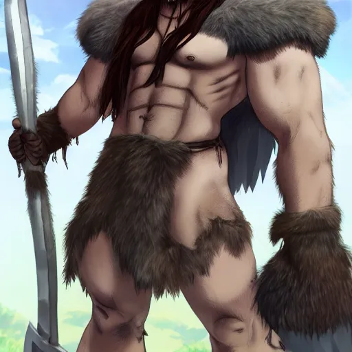 Image similar to bull man barbarian wearing a tattered loincloth with an giant axe, fursona, furry art, anthro, detailed dark brown fur, detailed long black hair, big horns, scars, anime key visual, portrait, makoto shinkai