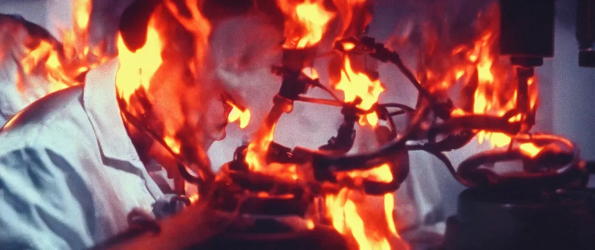 Image similar to filmic extreme closeup dutch angle movie still 4k UHD 35mm film color photograph of a doctors being burned alive, screaming in agony, inside of a science lab , in the style of a 1980s horror film