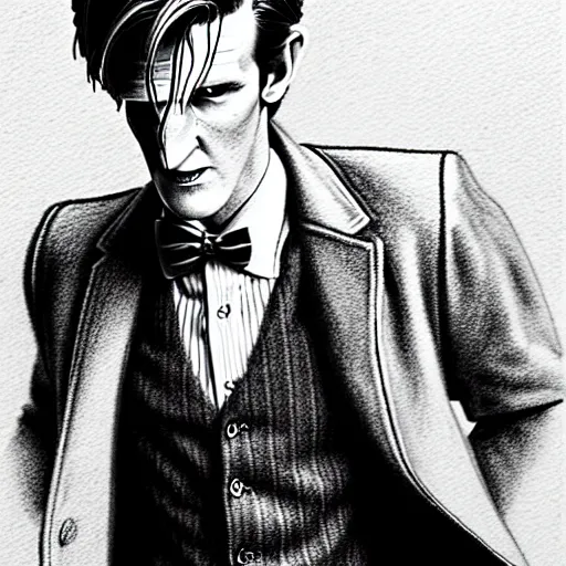 Image similar to beautiful lifelike award winning pencil illustration of the 1 1 th doctor matt smith cinematic atmospheric, highly detailed, beautiful and realistic face