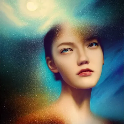 Image similar to 3 d, sci - fi, close - up, night, smiling fashion model face, moon rays, cinematic, clouds, sun rays, vogue cover style, poster art, blue mood, realistic painting, intricate oil painting, high detail illustration, figurative art, multiple exposure, poster art, 3 d, by tooth wu and wlop and beeple and greg rutkowski