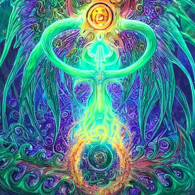 Image similar to angelic ophanim Lovecraftian horror covered in eyes tentacles and wings, oil painting award winning, chromatic aberration sharp colors, fractal geometry insane angel