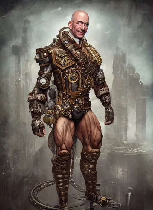 Image similar to steampunk jeff bezos is a muscular bodybuilder, au naturel, hyper detailed, digital art, trending in artstation, cinematic lighting, studio quality, smooth render, unreal engine 5 rendered, octane rendered, art style by klimt and nixeu and ian sprigger and wlop and krenz cushart.