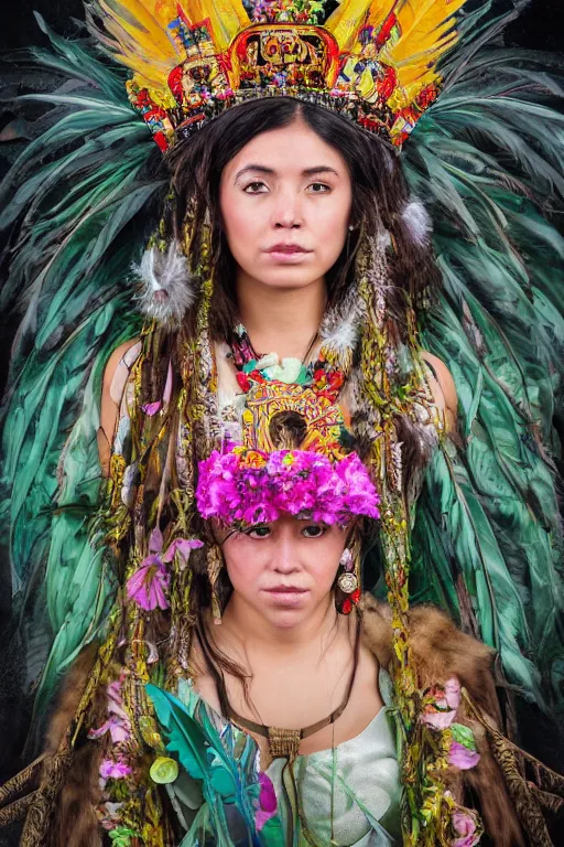 Image similar to medium body shot portrait photo of female magical aztec warrior wearing a crown of long magical quetzal feathers and peony flowers as a cyberpunk cyborg goddess - realistic and detailed, by aaron de leon, sandro boticelli, studio ghibli and alphonse mucha, hdr 8 k