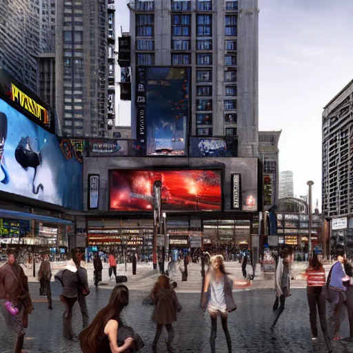 Prompt: 3D Digital matte painting of Yonge-Dundas Square in Toronto, Canada; with eldritch creatures, gnostic designs, arcane imagery, and esoteric aesthetics.