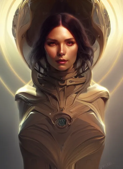 Image similar to futuristic woman portrait, sci-fi, amber eyes, face, long hair, fantasy, intricate, elegant, highly detailed, digital painting, artstation, concept art, smooth, sharp focus, illustration, art by artgerm and greg rutkowski and alphonse mucha