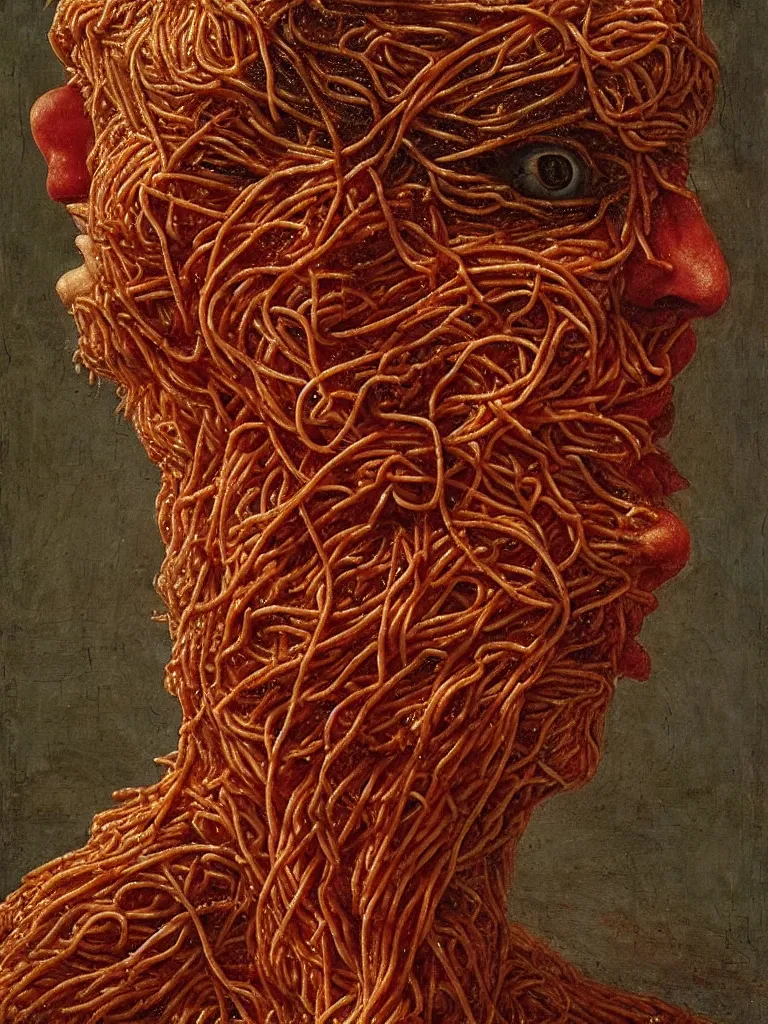 Prompt: a boy made of spaghetti and tomato, looking into camera, screaming in pain, by giuseppe arcimboldo and ambrosius benson, renaissance, intricate and intense oil paint, a touch of beksinski and hr giger and edward munch, realistic