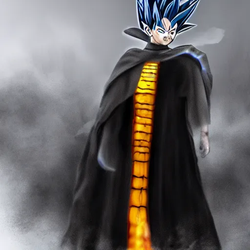 Image similar to Demon boy with Vegeta hair, mazoku, VFX, digital art, vantablack cloak