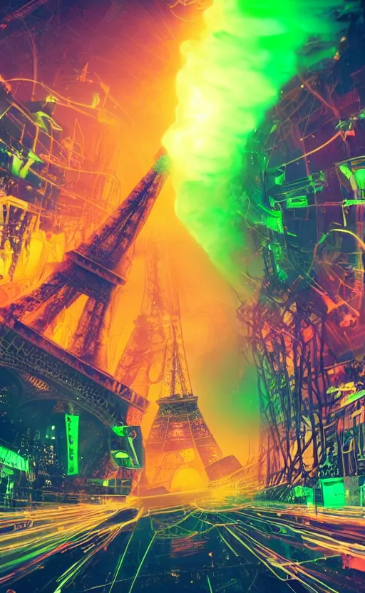 Prompt: giant larva with tentacles attacks and destroys and blows up the eiffel tower in glowing colorful luminous slime, dark foggy streets with white neon signs, running and screaming people, futuristic, dramatic, ultra - realistic, landscape, perspective, hight detailed, no blur, 8 k