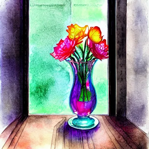 Prompt: a fancy vase with a colorful and beautiful flower arrangement by the fancy window. very stylize and delicate watercolor and pencil drawing. 3 d. beautiful lighting, 4 k post - processing, trending in art station, cg society, highly detailed, 5 k extremely detailed